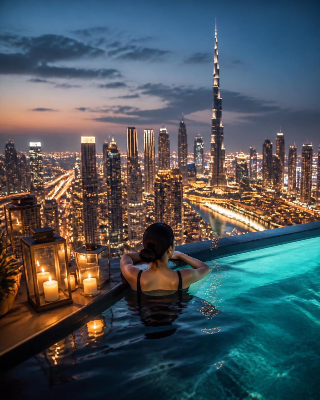 City skyline at blue hour from a rooftop pool