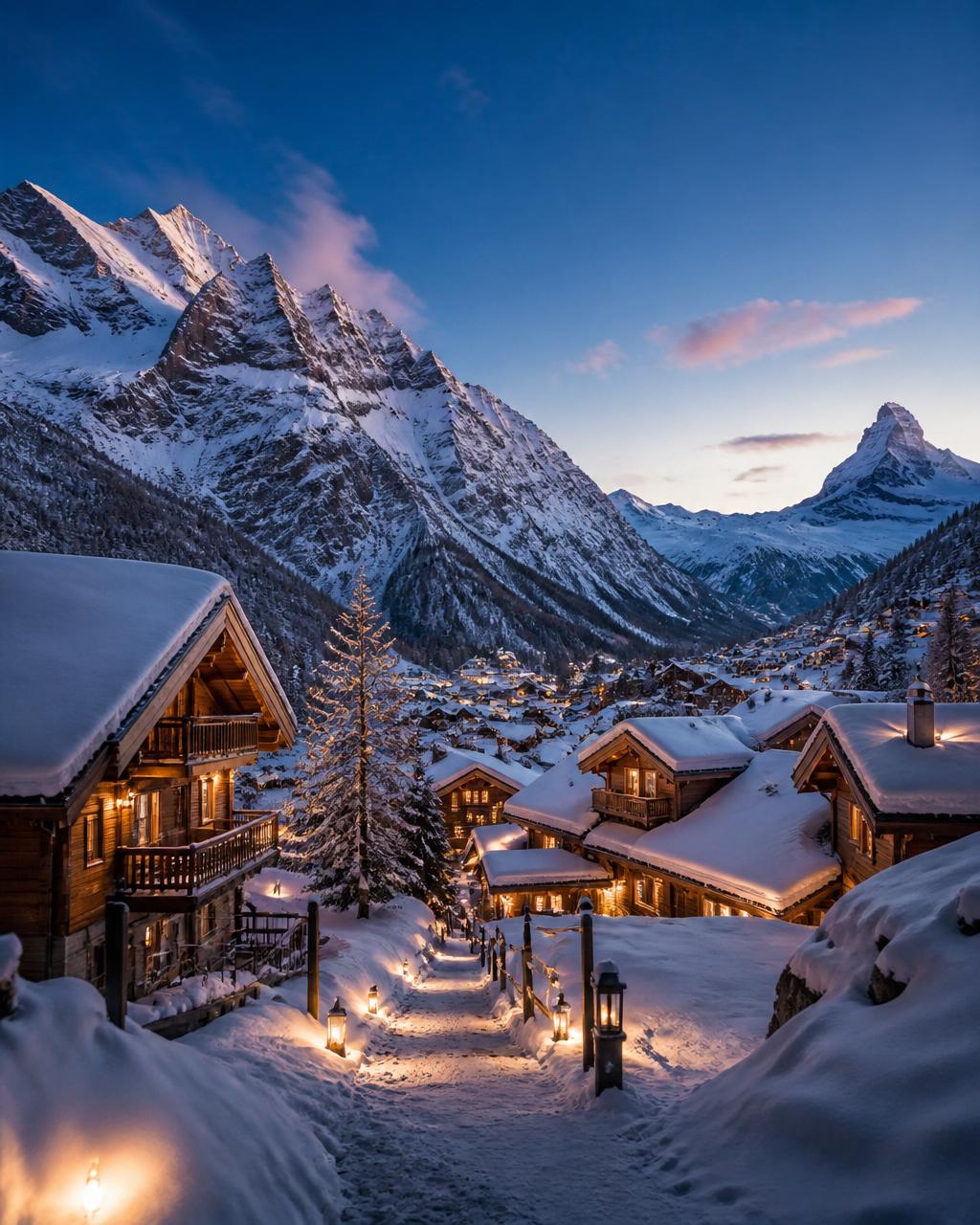 Snowy alpine village beneath dramatic peaks
