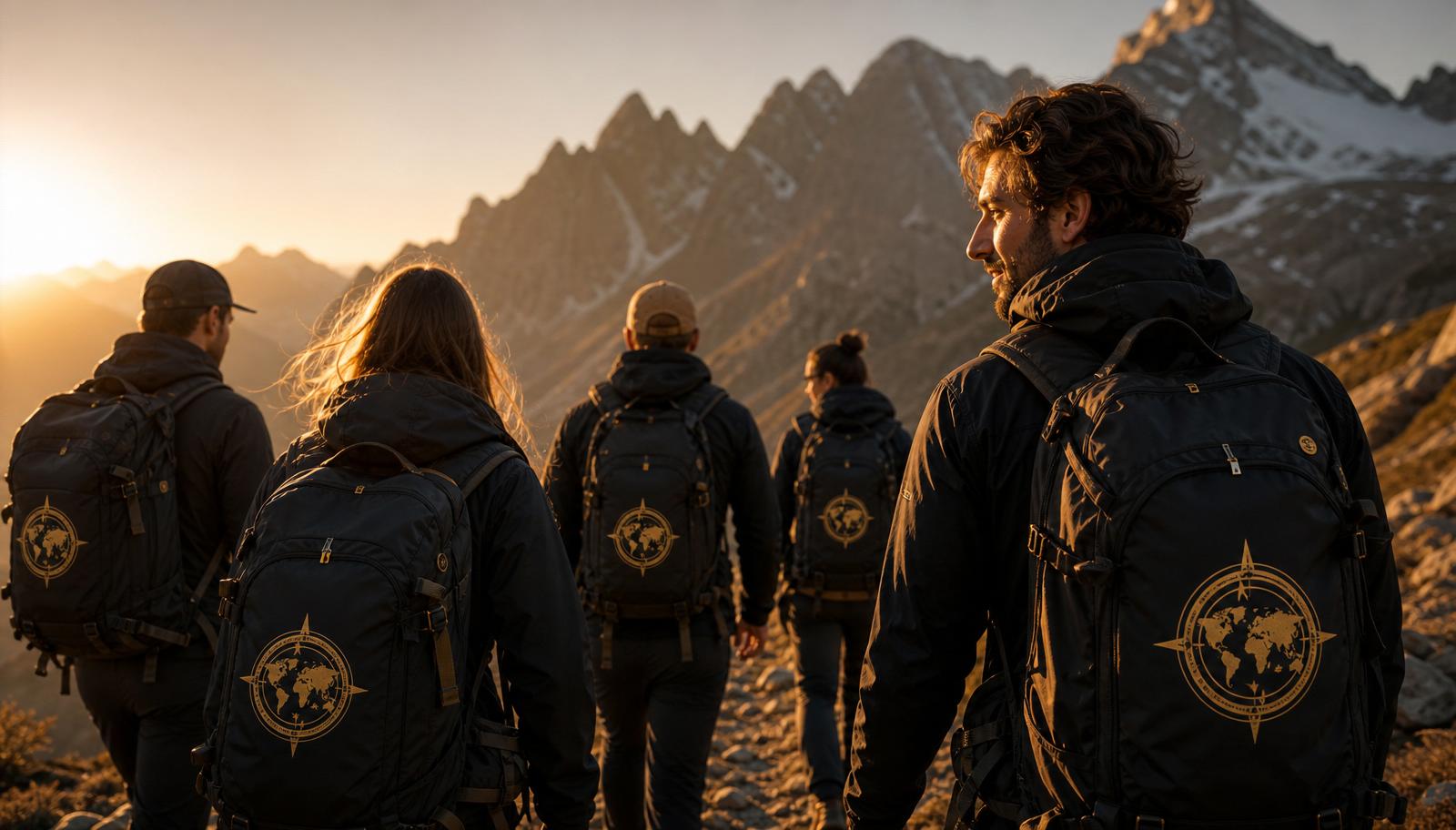 ZFG group hiking with branded backpacks at golden hour