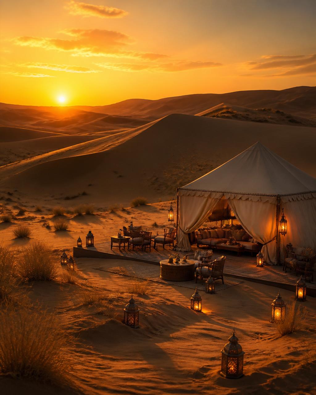 Golden desert dunes at sunset with a luxury camp
